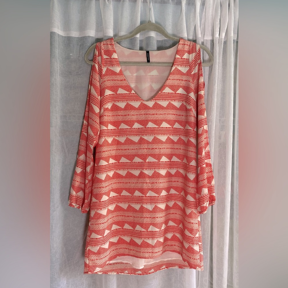 Coral / Orange Boutique Dress with V-Neck, Light Long Sleeves Size Small